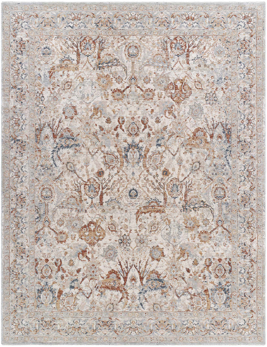 Close-up of the Chikao Cream Area Rug featuring beige, mustard, and pale blue traditional floral patterns. Design-Rectangle-710102