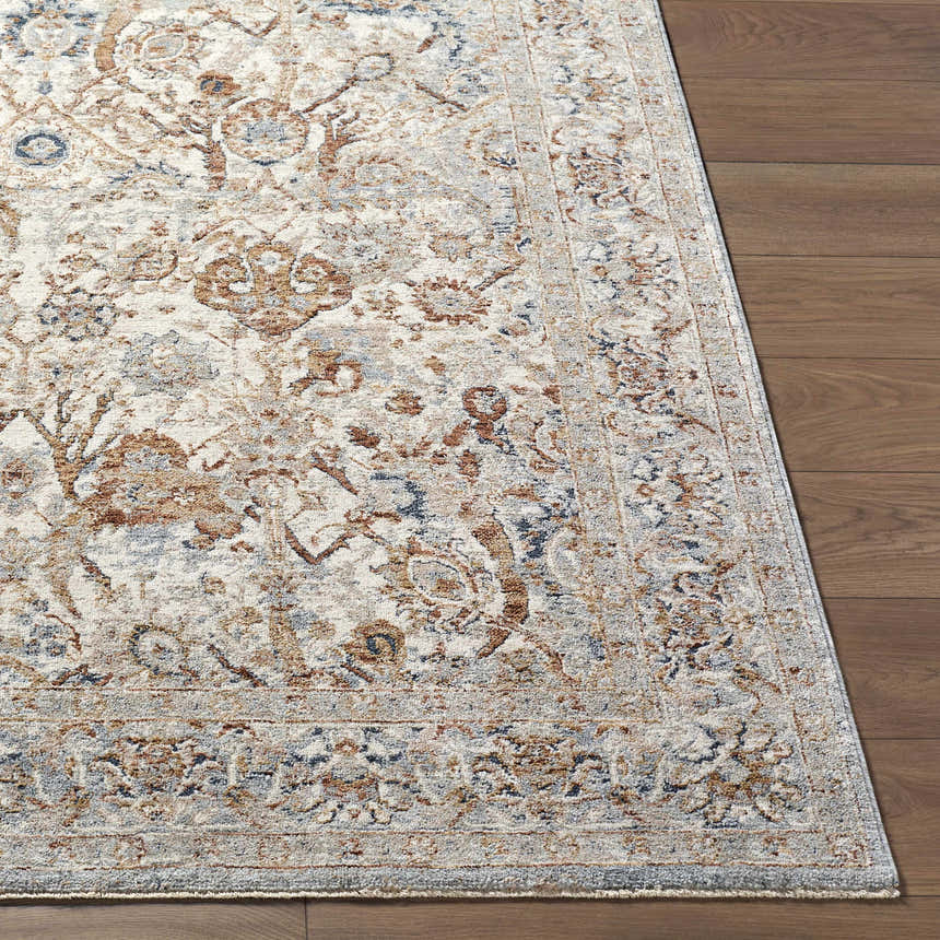 Close-up of the Chikao Cream Area Rug showing its beige, cream, and blue traditional floral pattern and soft texture. Front