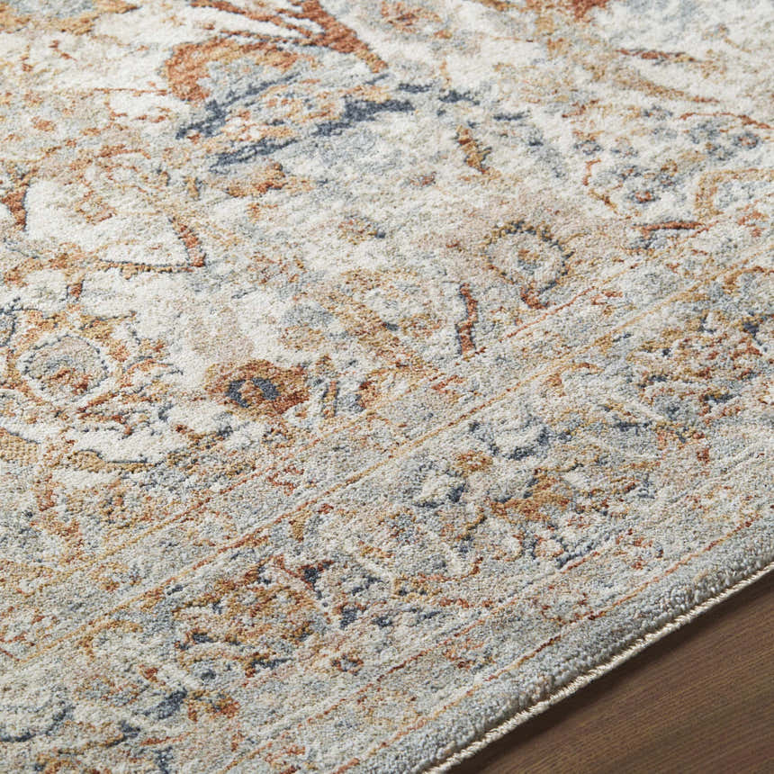 Close-up of the Chikao Cream Area Rug. Beige, cream, mustard, and slate blue farmhouse traditional design. Texture