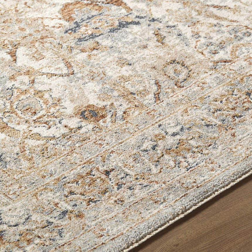 Close-up of the Chikao Cream Area Rug, a traditional design in beige, cream, mustard, and slate blue polyester. Texture