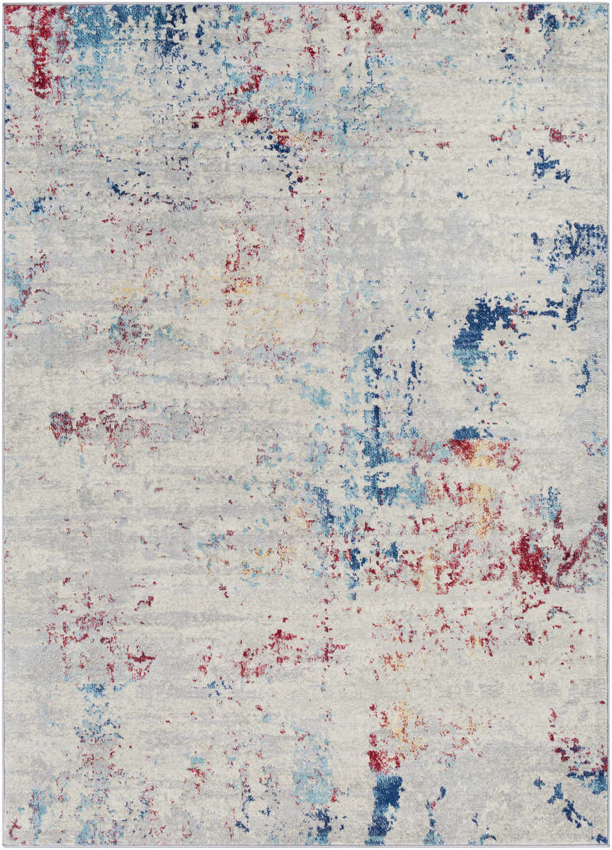 Close-up of the Dalorong Area Carpet. Contemporary design with dark blue, light beige, red, and gray abstract pattern. Design-Rectangle-5373