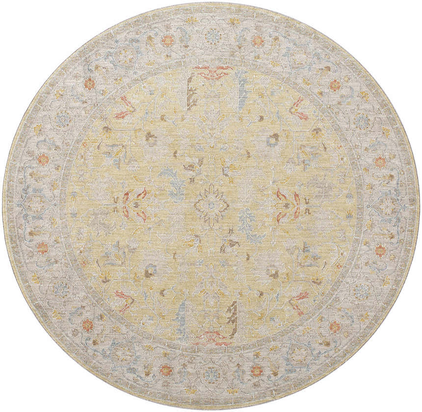 Round Dario Thick Luxe Area Rug in amber, gray, and dusty pink with a traditional floral pattern. Design-Round-67