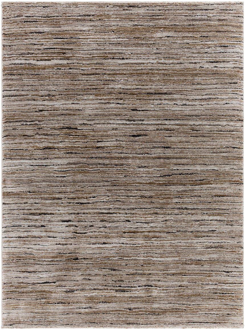 Close-up of the Wantu Luxe Thick Area Rug showing its horizontal striations in tan, ivory, and black. Design-Rectangle-537