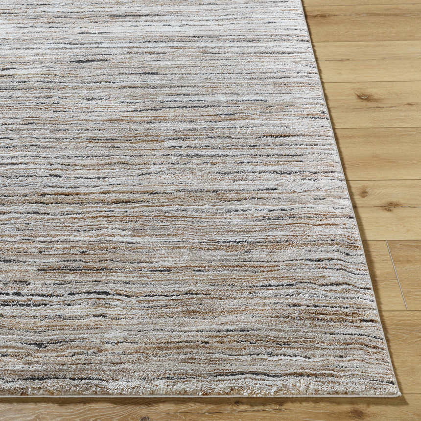 Close-up of Wantu Luxe Thick Area Rug showing ivory, tan, and black horizontal striations and soft texture. Front