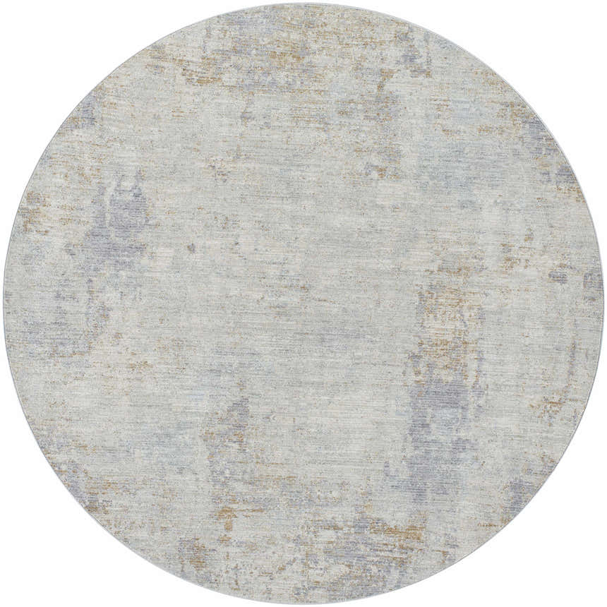 Close-up of round Deka Deep Teal Thick Luxe Rug. Contemporary design in brown, teal, and gray hues. Machine woven polyester texture. Design-Round-67