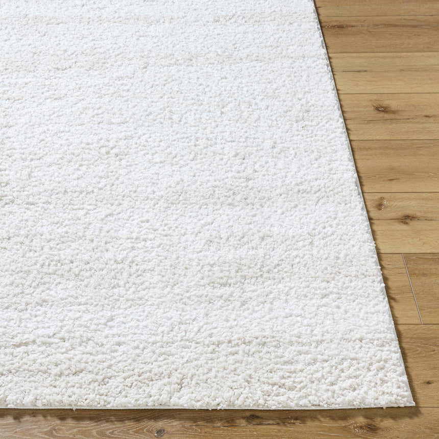 Close-up of the white Arlind Area Rug showing its plush shag texture on a light wood floor. Front