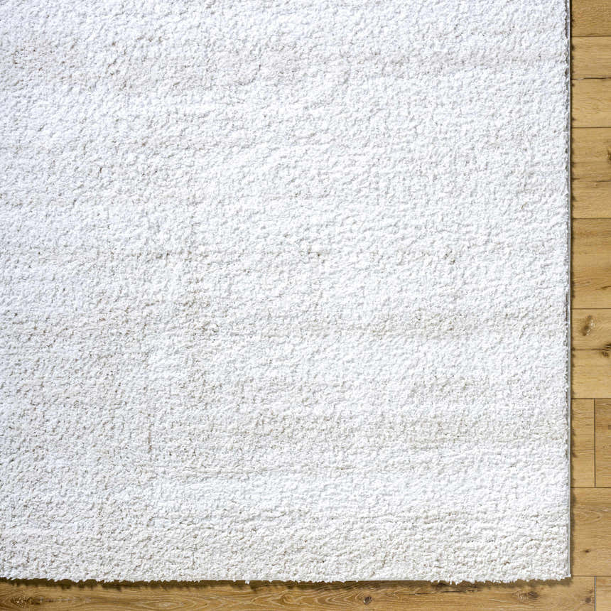 Close-up of the Arlind Area Rug showing its white shag texture on a light wood floor. Corner