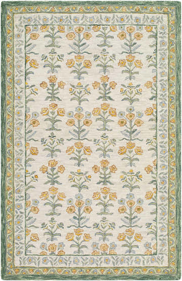 Close-up of the hand-tufted Alonsa Sage Area Rug. Features a floral pattern with sage green border. 100% Wool. Design-Rectangle-576