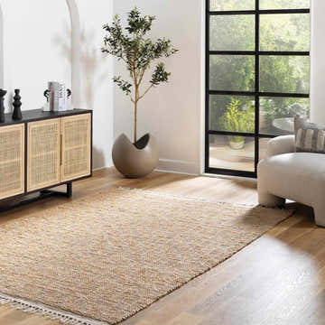 Living room with Lonut Checkered Jute Area Rug, light wood floors, cabinet, potted tree, and chair by a window. Roomscene-Rectangle