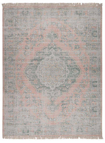 Close-up of the Adamstown Handmade Cotton-blend Rug, featuring a traditional Persian design in peach, green, and white hues. Design-Rectangle