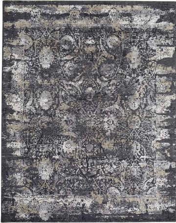 Close-up of the Abiram Area Rug. Traditional floral pattern in black, charcoal, gray, ivory, and tan. Machine woven polyester. Design-Rectangle-710102