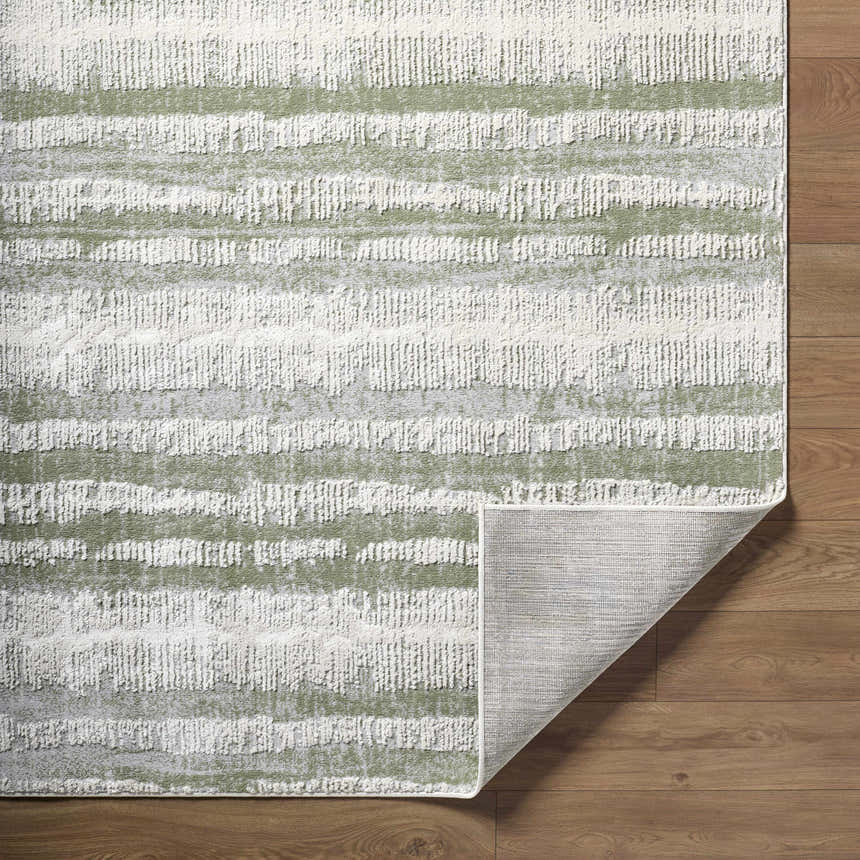 Close-up of the Asmara Green Area Rug, showcasing its ash, sage, and silver gray striped pattern and textured weave. Fold