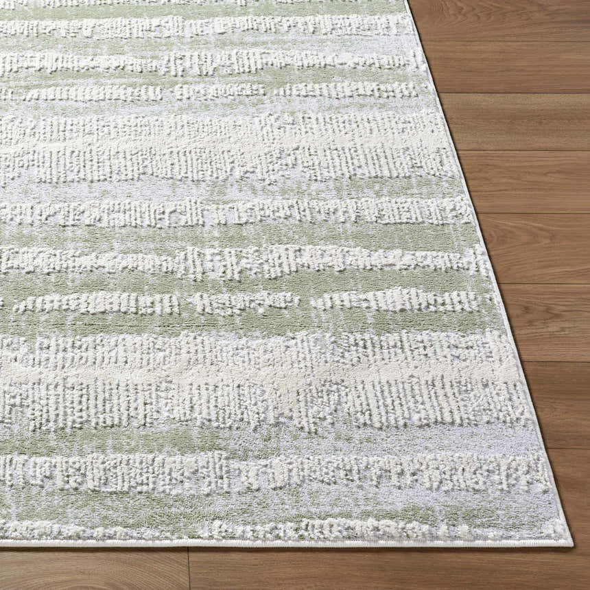 Close-up of the Asmara Green Area Rug showing its ash, light silver, and sage horizontal stripe pattern and soft texture. Front
