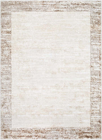 Close-up of the Dhaval Ivory Area Rug. Cream rug with a light brown border. Machine woven texture. Design-Rectangle-5373