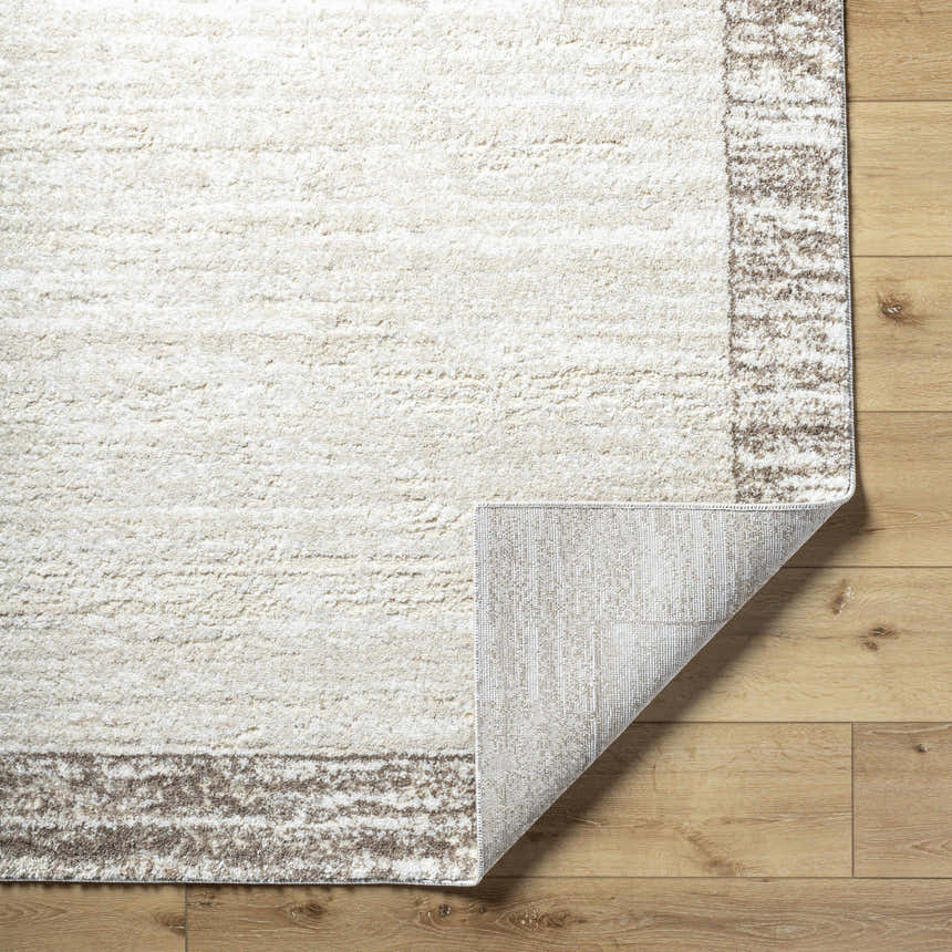 Close-up of the Dhaval Ivory Area Rug showing its cream color, light brown border, and machine-woven texture. Fold