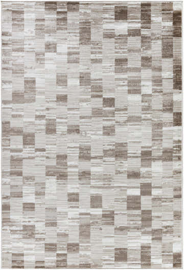 Close-up of the Alagan Light Brown Area Rug featuring a contemporary geometric pattern in light silver, sage, and prairie dust hues. Design-Rectangle-5373