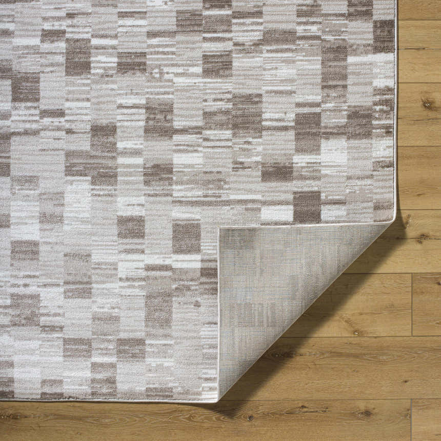 Close-up of the Alagan Light Brown Area Rug showing its contemporary light silver, sage, and prairie dust block pattern. Fold