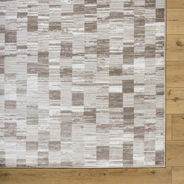Close-up of the Alagan Light Brown Area Rug featuring a contemporary light silver and prairie dust geometric pattern. Swatch