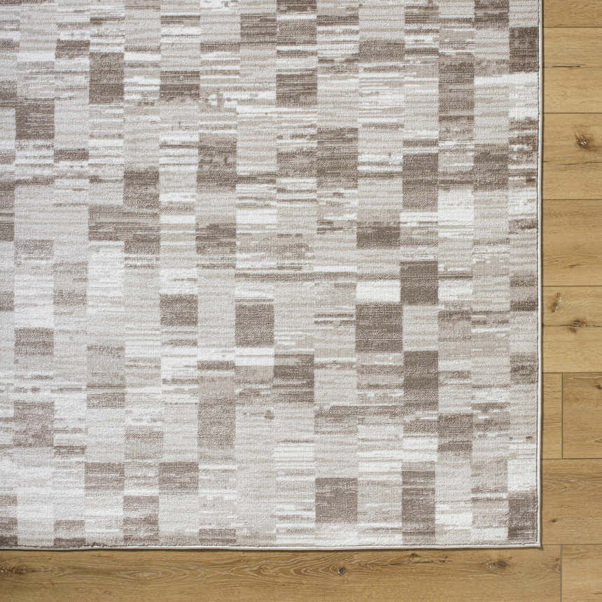 Close-up of the Alagan Light Brown Area Rug featuring a contemporary light silver and prairie dust geometric pattern. Swatch