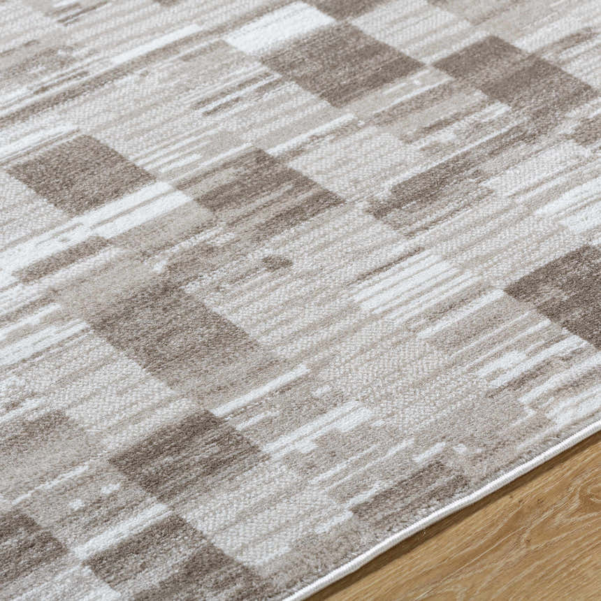 Close-up of the Alagan Light Brown Area Rug showing its contemporary light silver, prairie dust, and silver gray pattern. Texture