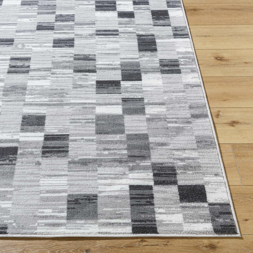 Close-up of the Alagan Medium Gray Area Rug showing a contemporary geometric pattern in light silver, sage, and silver gray. Front