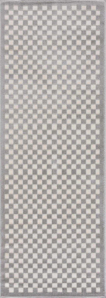 Close-up of the Gaiwan Cream Gray Washable Area Rug featuring a light gray and off white checkerboard pattern. Design-Runner
