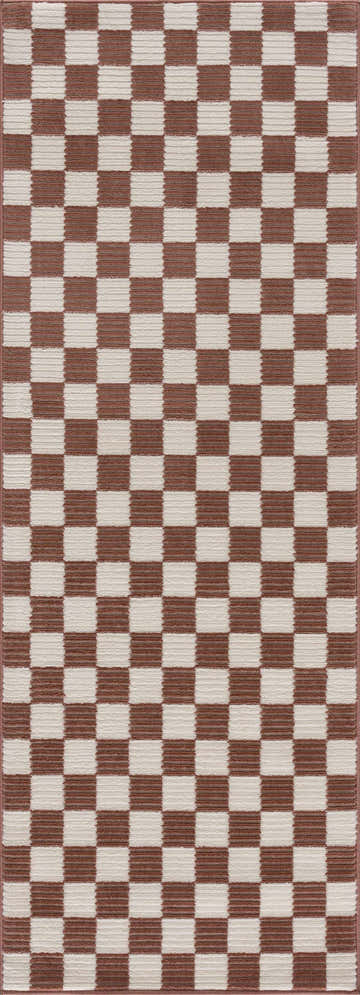 Close-up of the Kaysar Brown Checkered Washable Area Rug, featuring a brown and off-white checkerboard pattern. Design-Runner
