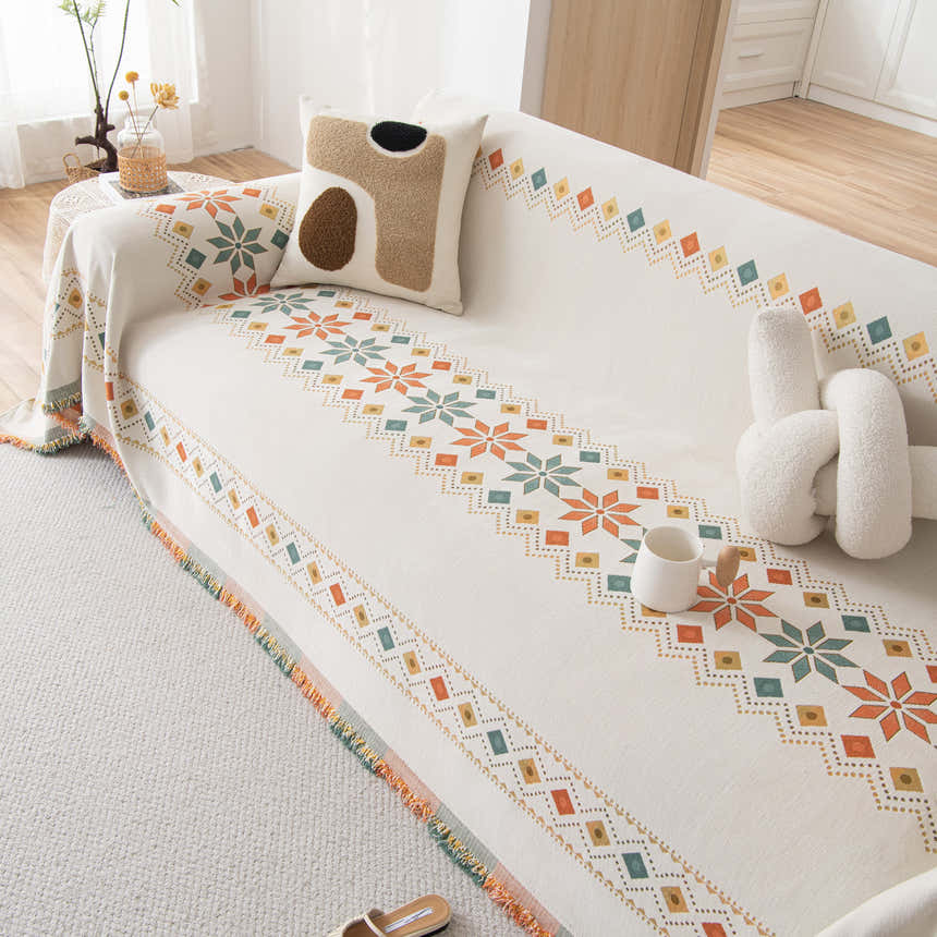 Bohemian Geometric Sofa Throw Cover, Cozy & Protective Ethnic-Inspired Couch Cover