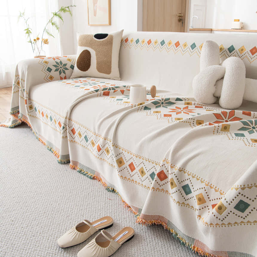 Bohemian Geometric Sofa Throw Cover, Cozy & Protective Ethnic-Inspired Couch Cover