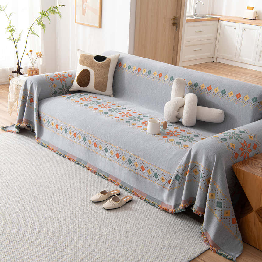 Bohemian Geometric Sofa Throw Cover, Cozy & Protective Ethnic-Inspired Couch Cover