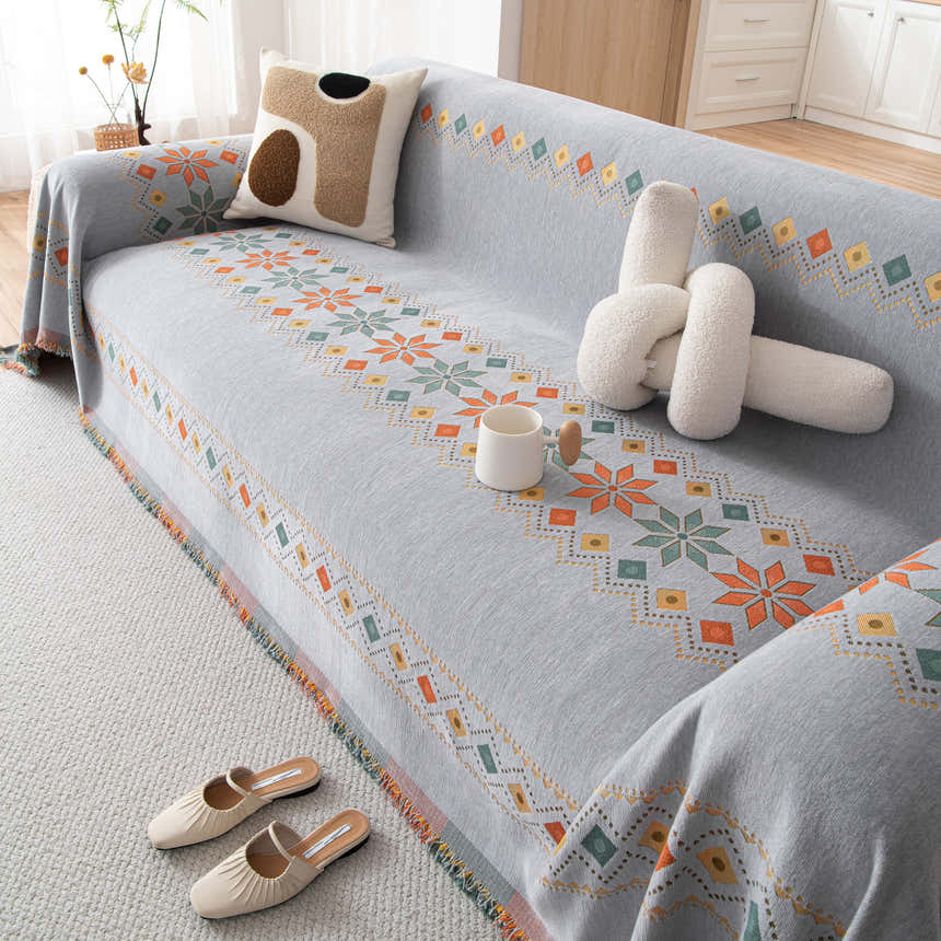 Bohemian Geometric Sofa Throw Cover, Cozy & Protective Ethnic-Inspired Couch Cover