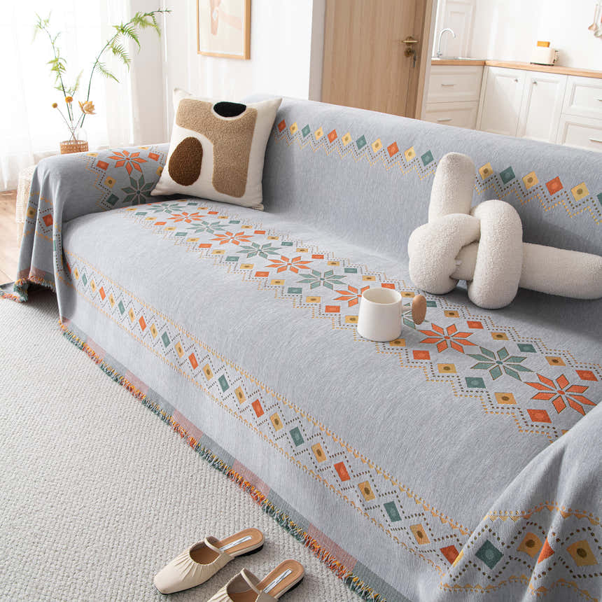 Bohemian Geometric Sofa Throw Cover, Cozy & Protective Ethnic-Inspired Couch Cover