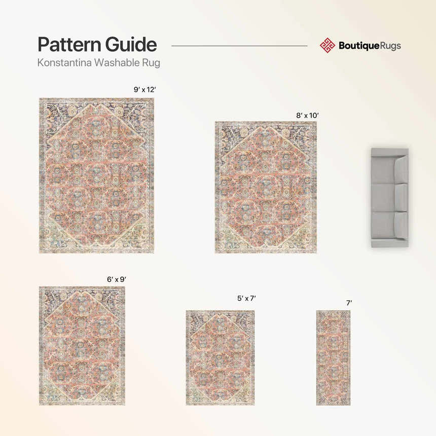 Konstantina Washable Rug pattern guide. Sizes include 9x12, 8x10, 6x9, 5x7, and runner. Traditional Persian style rug. Texture