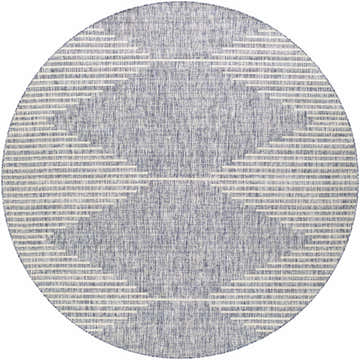 Close-up of a round Stephan Blue Outdoor Rug with a geometric pattern in blue, off white, and gray tones. Design-Round-710