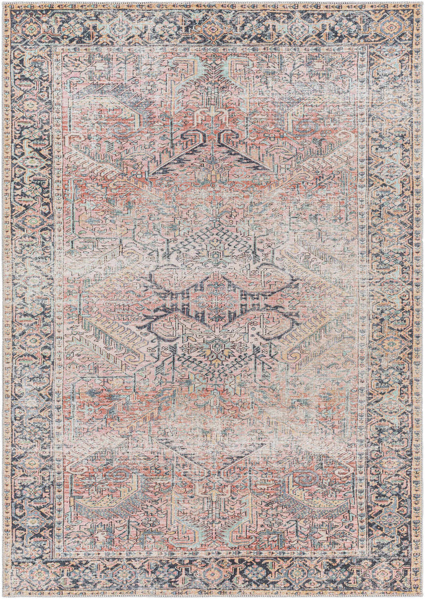 Detailed view of the Dunsha Boutique Washable Area Rug, featuring a vintage Persian design in blue, coral, pink, and off-white. Design-Rectangle-537