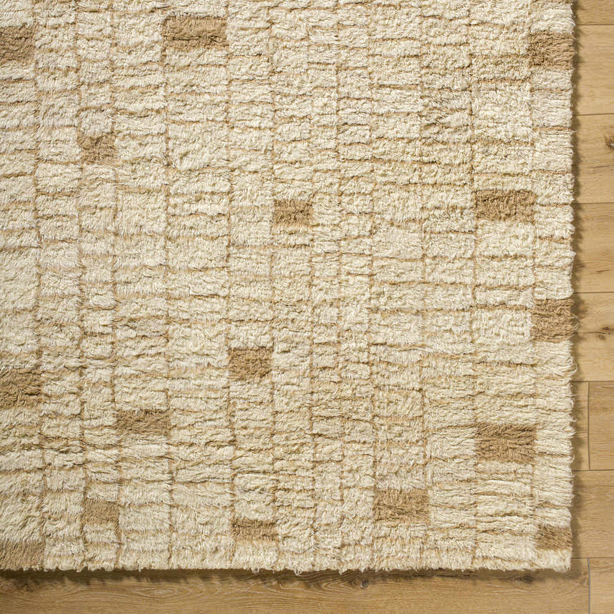 Close-up of the hand-tufted Anusha Area Rug. Beige and tan wool rug with a contemporary geometric design. Corner