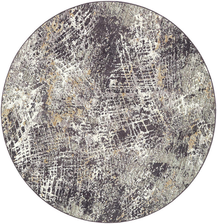 Close-up of the round Aolani Medium Gray Area Rug, featuring a Southwestern-inspired pattern in black, gray, ivory, and tan. Design-Round-53