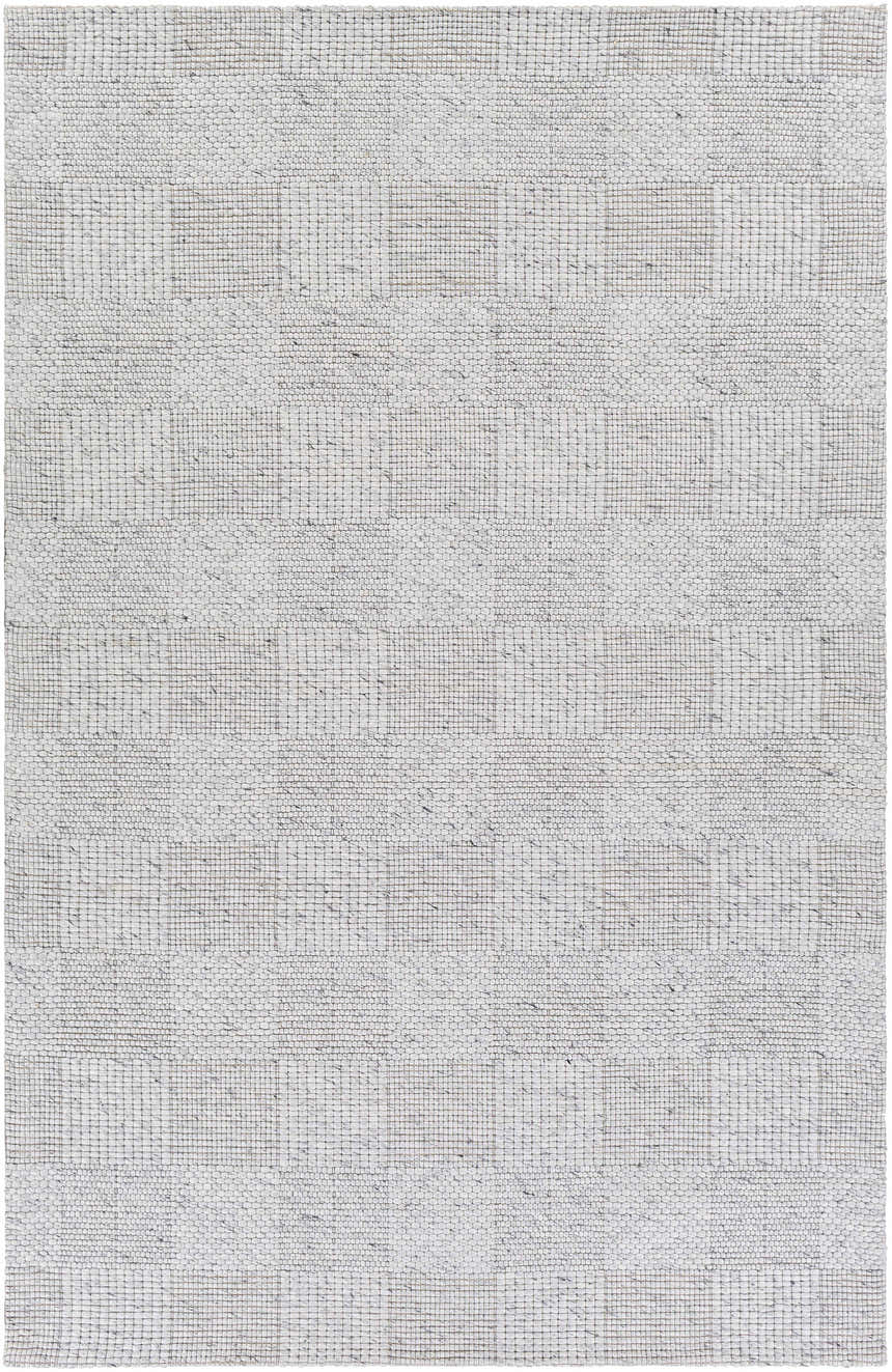 Close-up of the hand woven Eckman Wool Checkered Rug. Black, charcoal, and off white contemporary design. Design-Rectangle-576