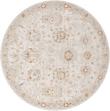 Round Elimbah Thick Luxe Area Rug with beige background and brick red, light blue, and mustard floral pattern. Design-Round-720