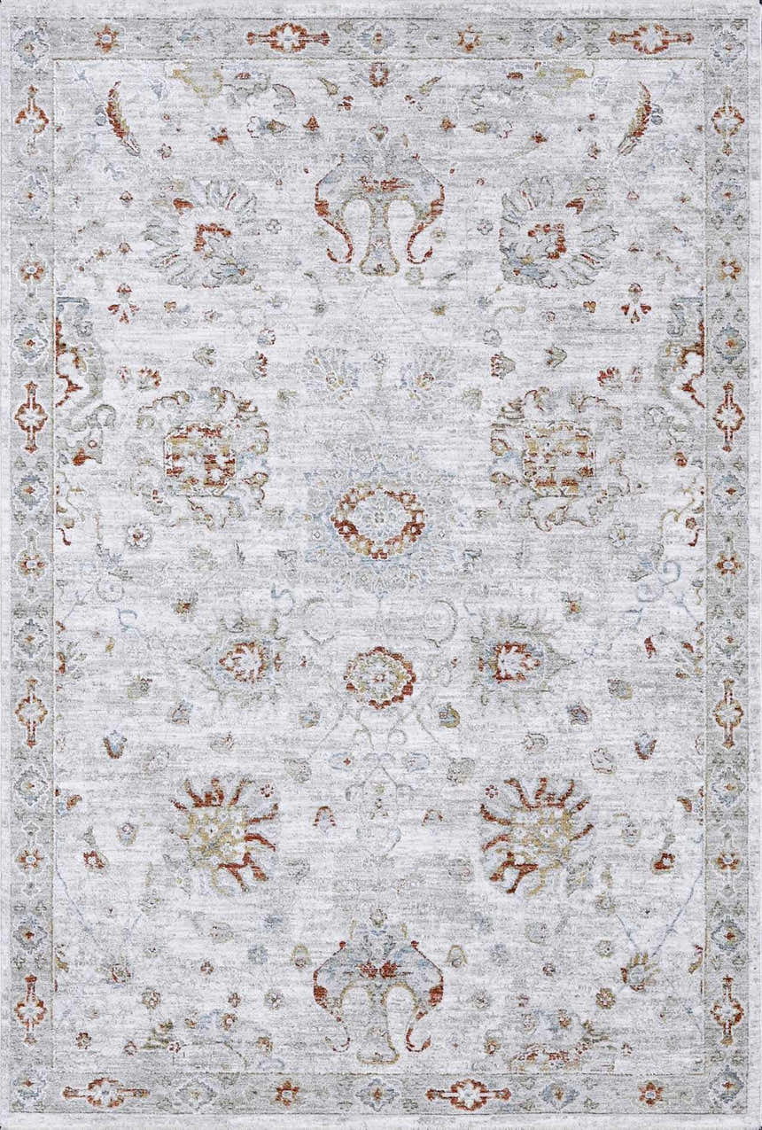 Close-up of the Elimbah Thick Luxe Area Rug, featuring a traditional oriental pattern in beige, red, and gray tones. Design-Rectangle-57