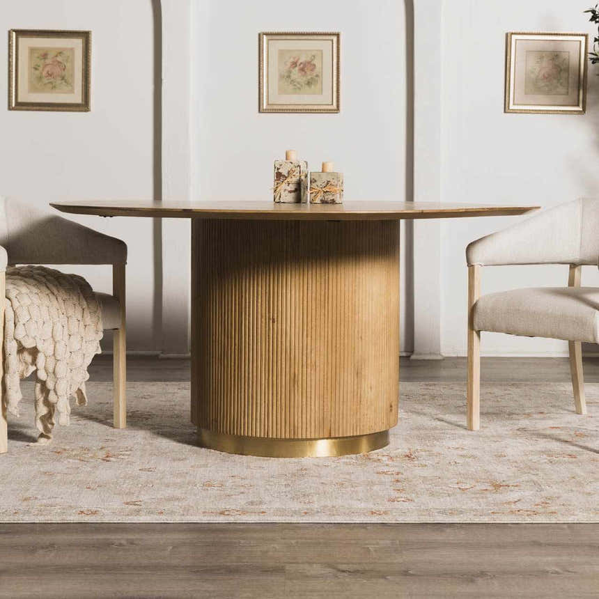 Dining room scene with a beige and brick red Elimbah Thick Luxe Area Rug under a round wooden table. Roomscene-Rectangle