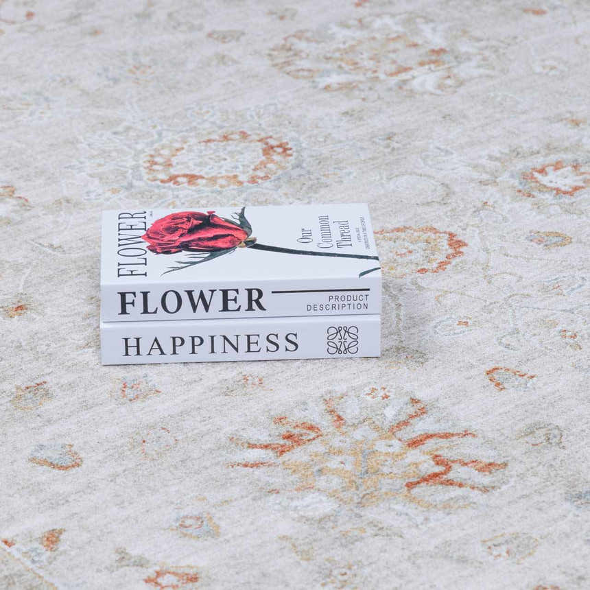 Close-up of Elimbah Thick Luxe Area Rug in beige with brick red and light gray accents. Traditional oriental design. Styleshot