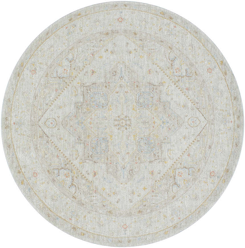 Close-up of a round Engin Thick Luxe Area Rug. Features farmhouse style, amber, and dusty pink tones. Design-Round-67