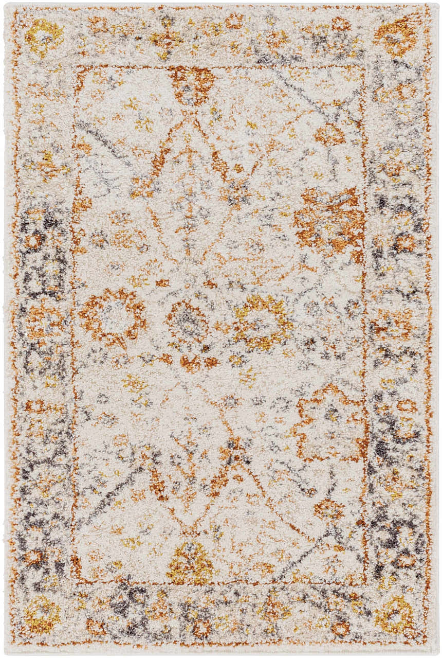 Close-up of the Paatan Luxe Floral Oushaq Area Rug. Features a cream base with gold, brown, and gray floral and geometric patterns. Design-Rectangle-23