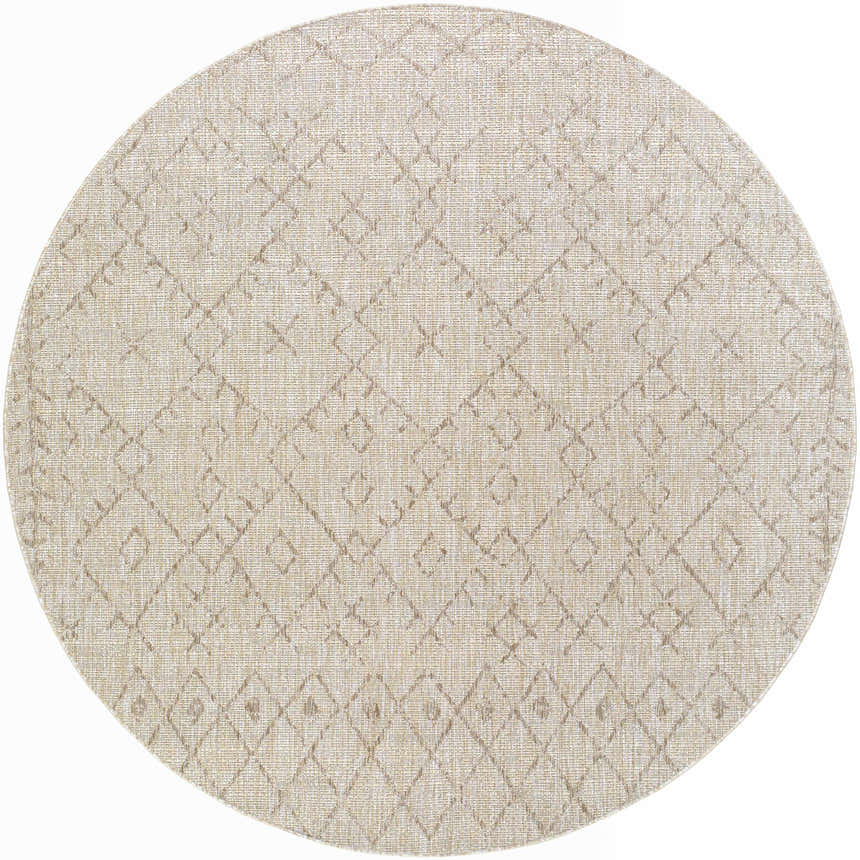 Close-up of a round Maunawili Cream Nordic Rug with a subtle diamond pattern in beige and light brown tones. Design-Round-710