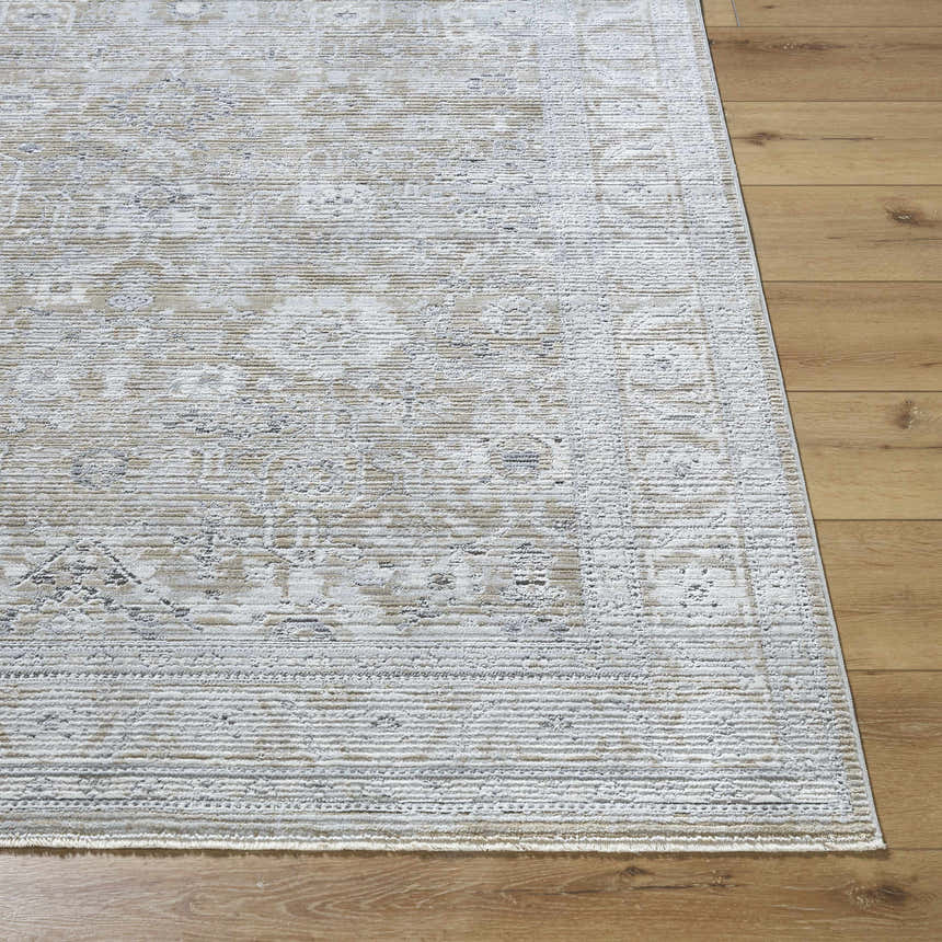 Close-up of the light gray Alexia rug showing its traditional pattern and machine-woven texture on a wood floor. Front