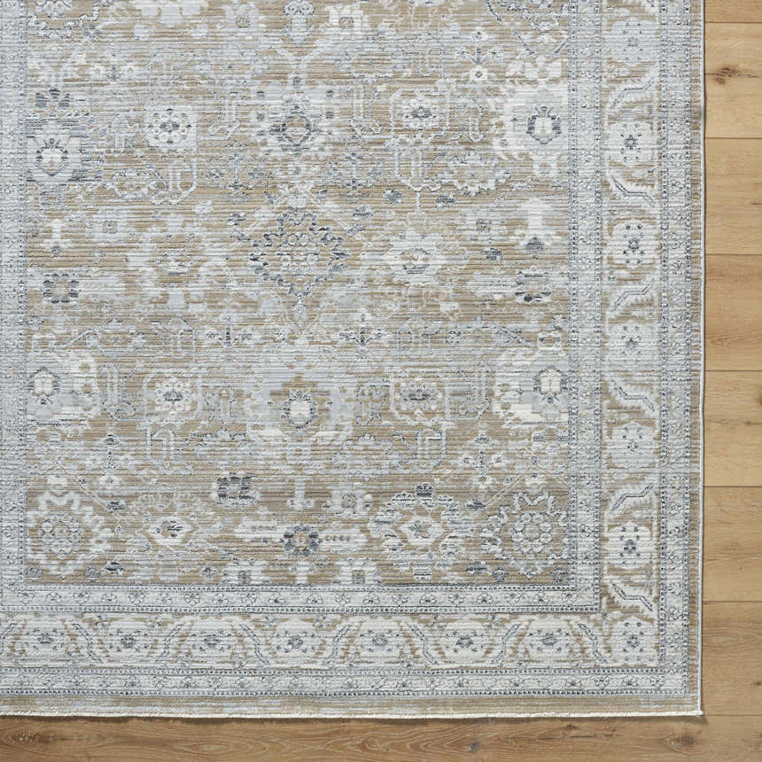Close-up of the Alexia Light Gray Area Rug, showing traditional patterns in charcoal, light gray, and medium gray. Corner