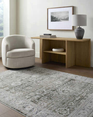 Living room scene with a light gray chair and the Alexia Charcoal Area Rug. Roomscene-Rectangle