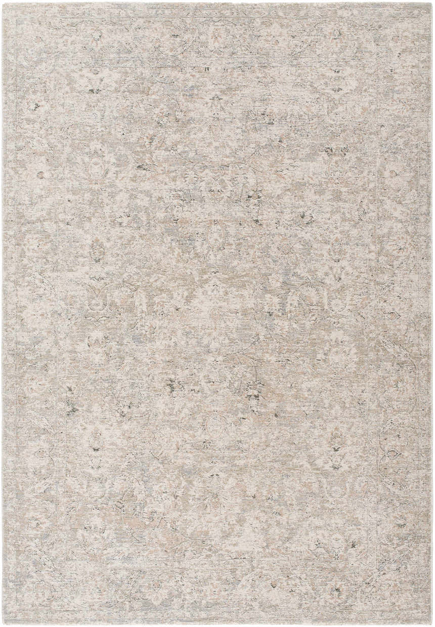 Close-up of the Azania Area Rug. Cream rug with light sage, light slate, sage, and slate blue traditional pattern. Design-Rectangle-6796