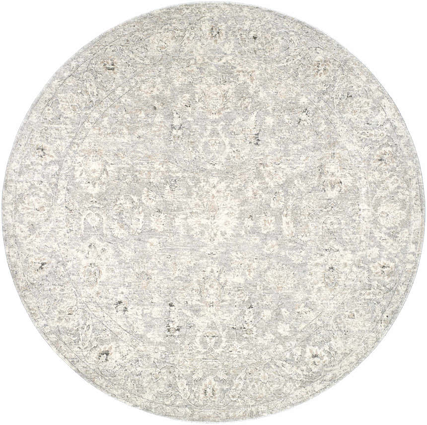 Close-up of the round Azania Area Rug. Cream, light sage, and slate blue traditional farmhouse design. Design-Round-67